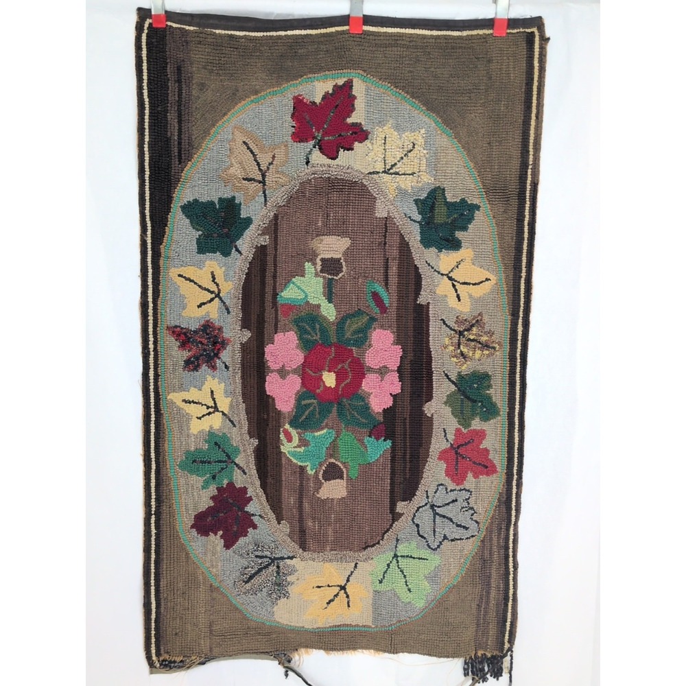 VTG Antique Hooked Rug 51"X31". Wool Floral Flowers Cottage